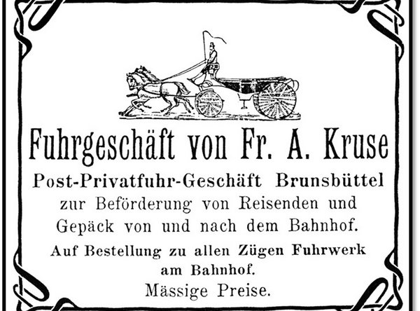Altes Werbeschild des Fuhrgeschäfts von Fr. A. Kruse mit Pferdewagen-Illustration und dekorativem Rahmen.