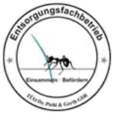 Rundes Siegel Entsorgungsfachbetrieb mit Ameise und Schriftzug für zertifizierte Entsorgungsdienstleistung.