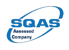 Logo der SQAS Assessed Company mit blauem Schriftzug und geschwungenem Kreis.