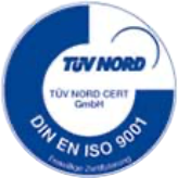 TÜV NORD Zertifikat-Siegel mit Aufschrift DIN EN ISO 9001 für Qualitätsmanagement.
